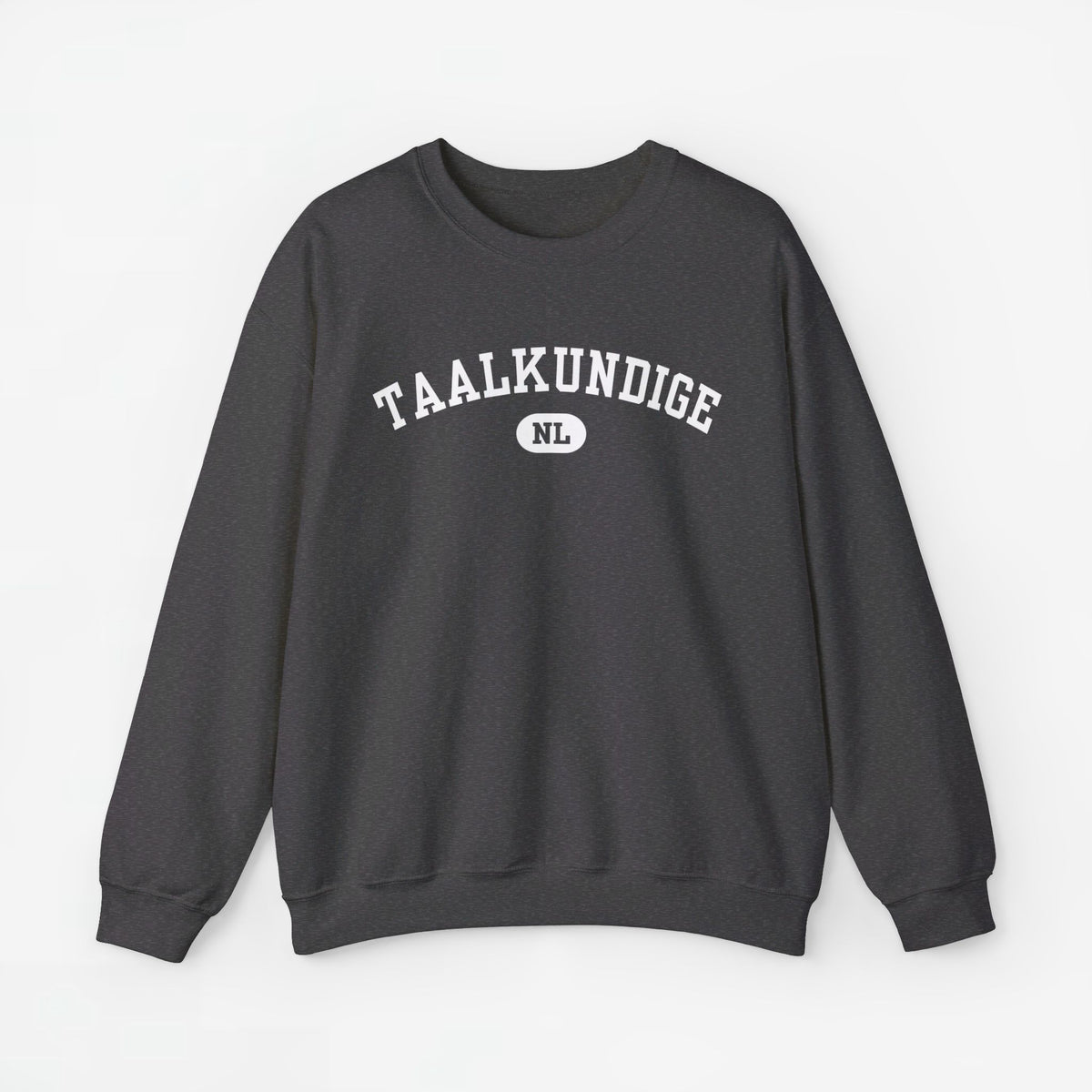 Taalkundige trui met borstprint TAALKUNDIGE en NL-logo, donkergrijs