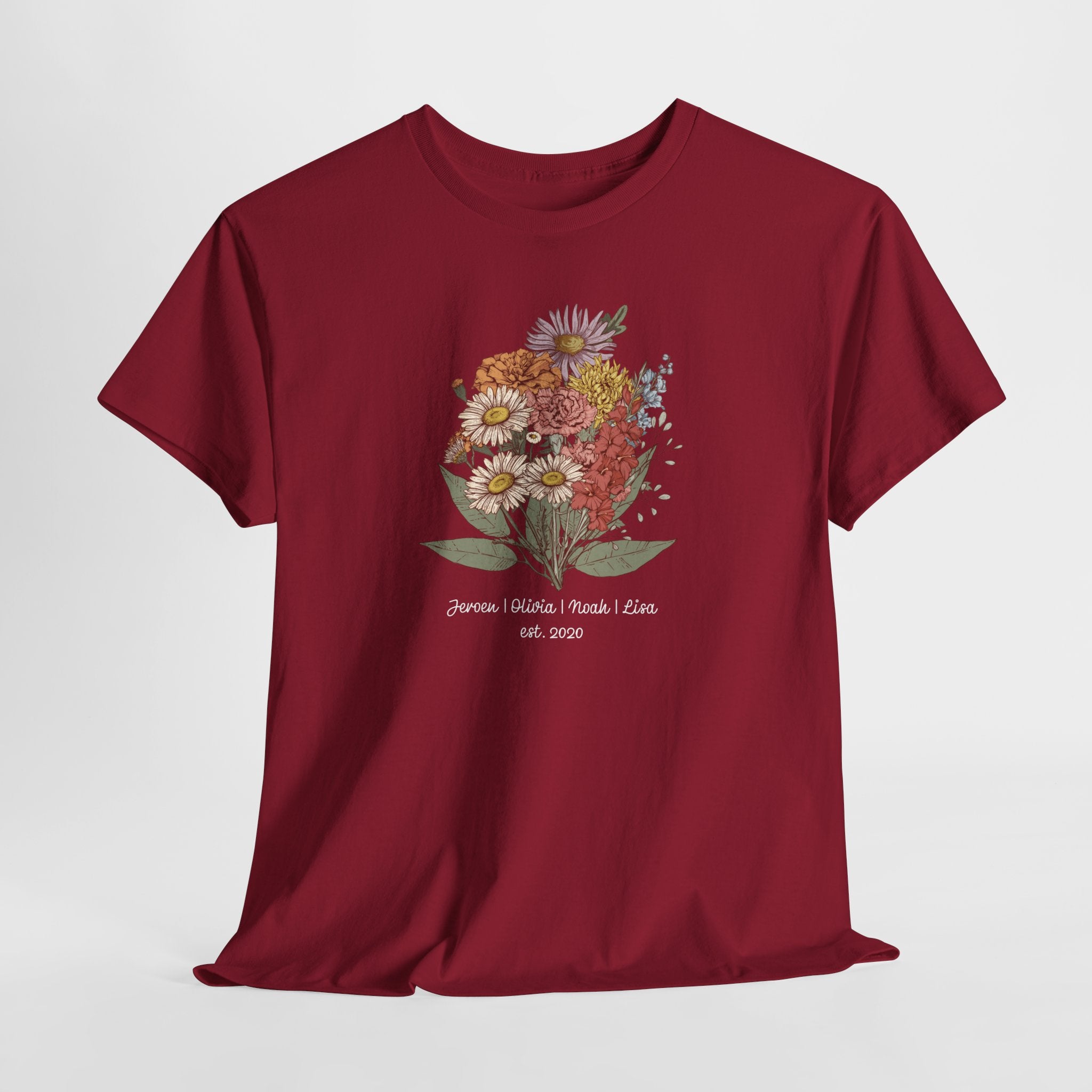 Gepersonaliseerde Moederdag Mama Cadeau - T-shirt - Familie Bloemen boeket met namen - EST [JAAR] (witte tekst) Ver.2