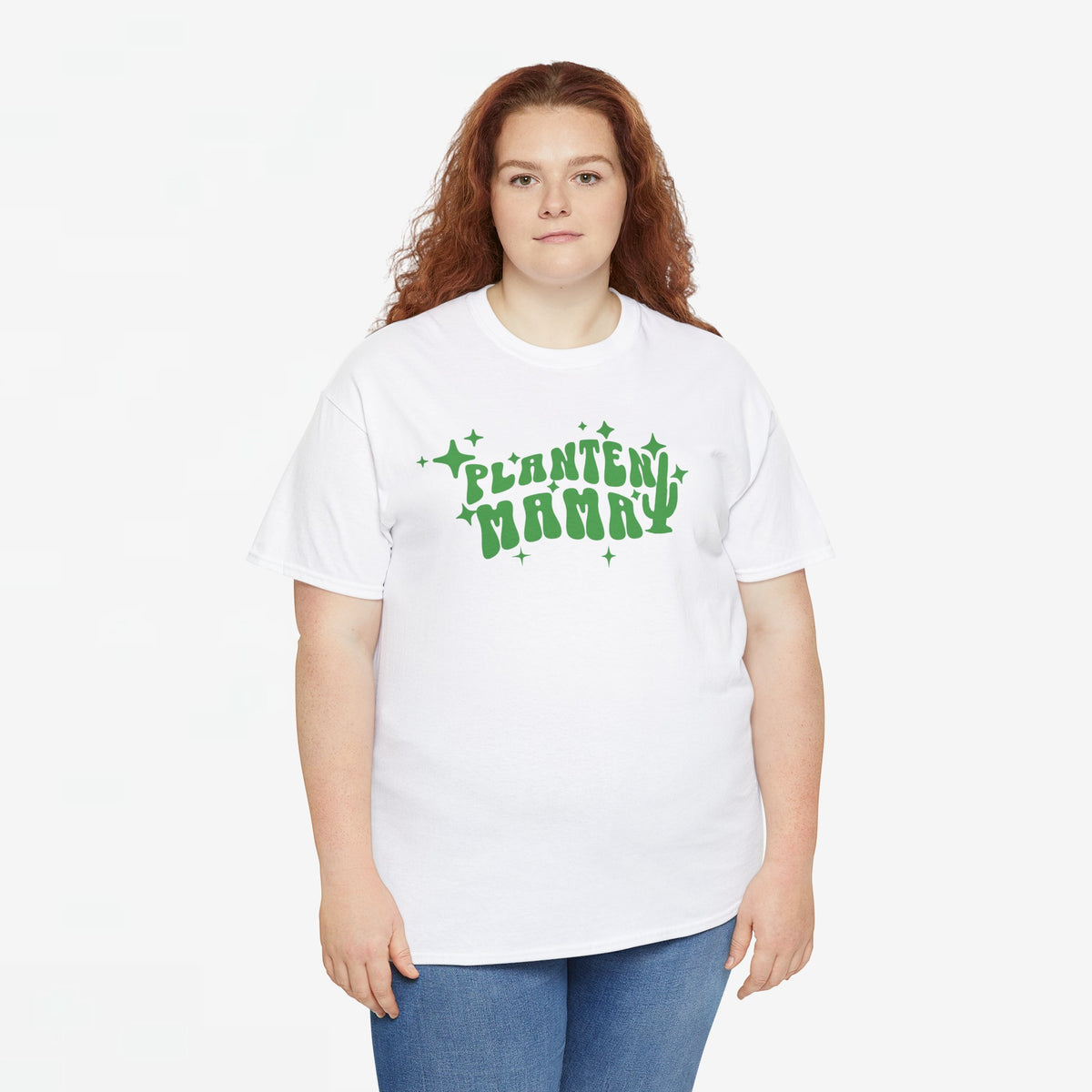 Wit T-shirt met korte mouwen en groene "PLANTEN MAMMA" print op de borst