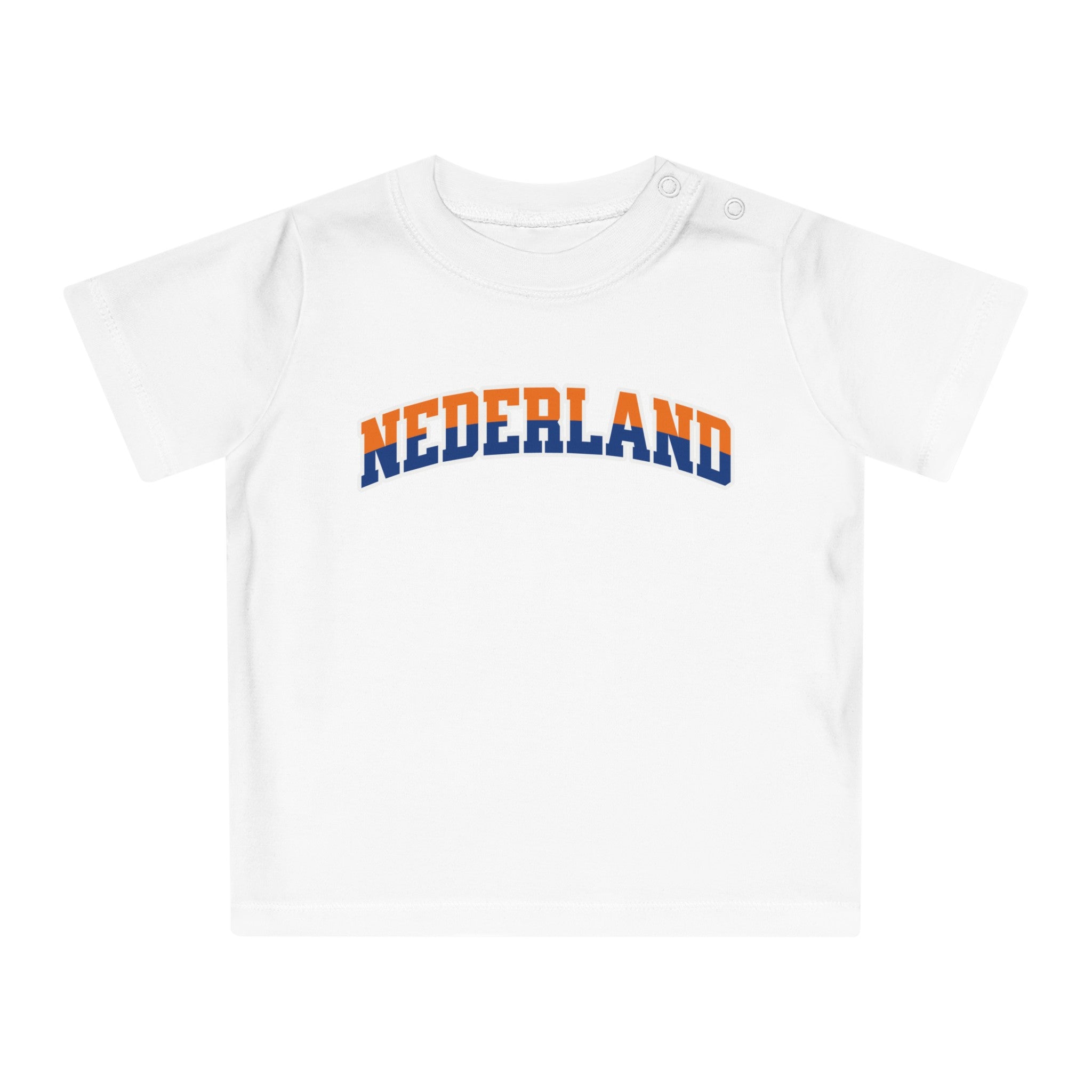 Baby T-shirt voor EK, WK en Koningsdag - NEDERLAND - oranje en blauwe tekst