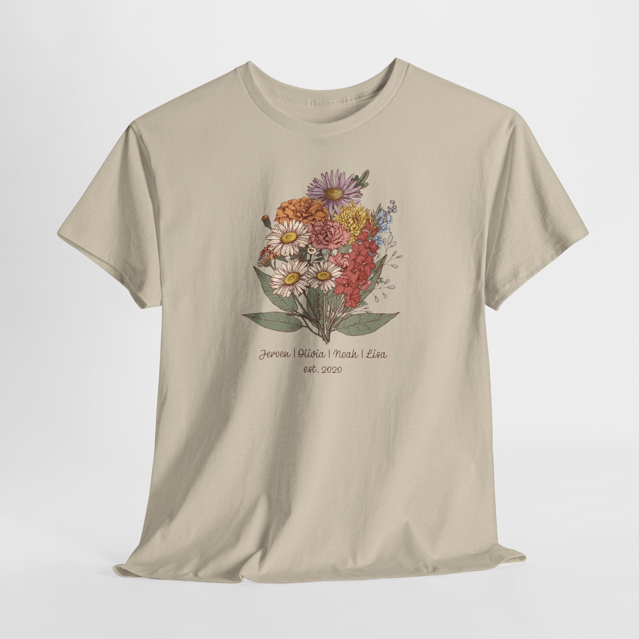 Gepersonaliseerde Moederdag Mama Cadeau - T-shirt - Familie Bloemen boeket met namen - EST [JAAR] Ver.2