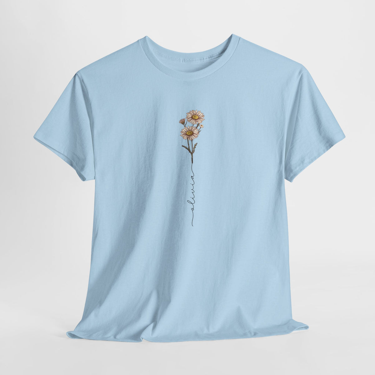 Lichtblauw T-shirt met bloemen- en tekstlijnprint, ronde hals en korte mouwen