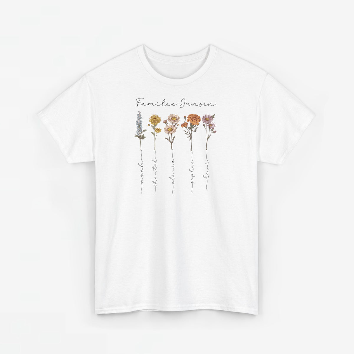 Wit T-shirt met bloemen- en namenprint op de borst, ronde hals, korte mouwen