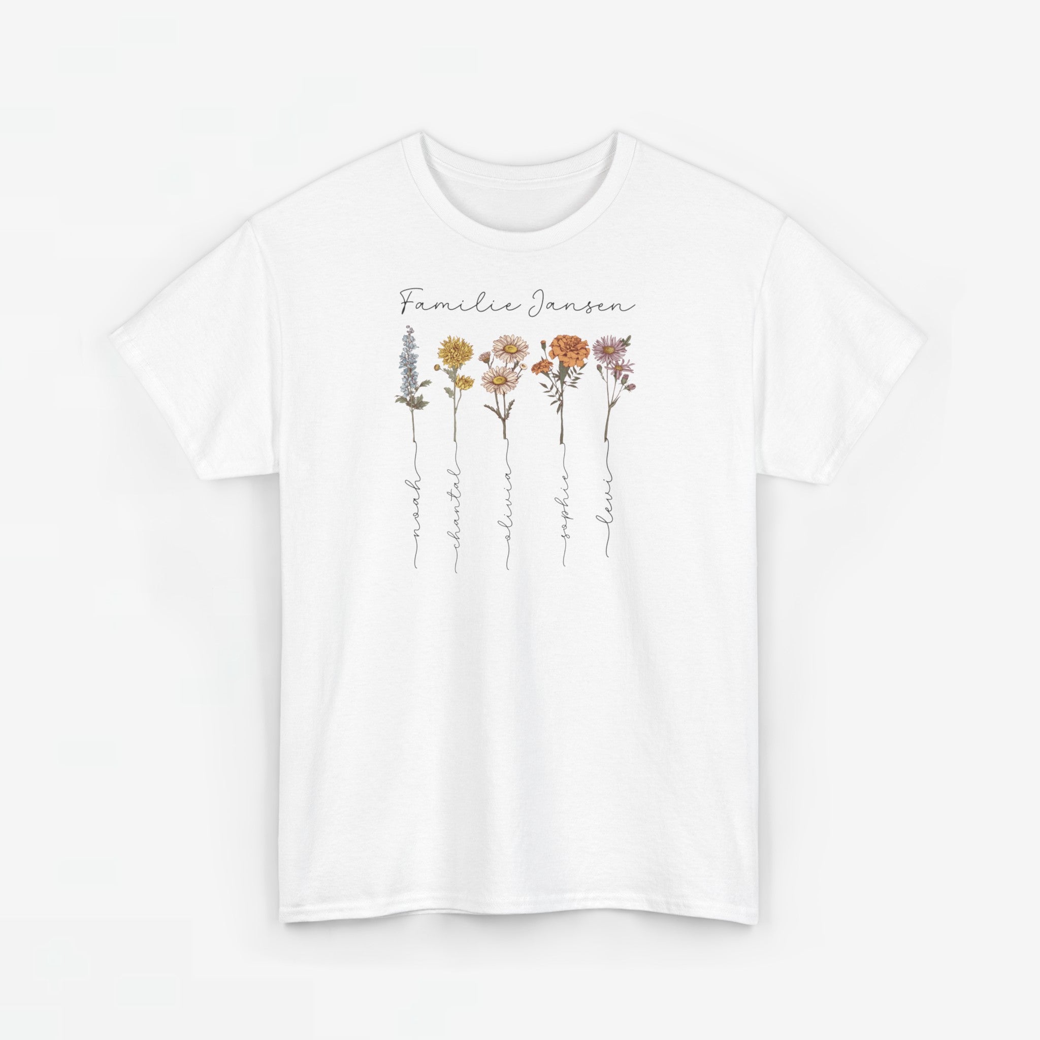 Gepersonaliseerde Moederdag Mama Cadeau - T-shirt - Familienaam met namen en geboortemaand bloemen