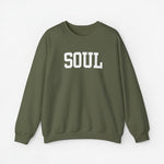 Olijfgroene sweater met opdruk 'SOUL' en lange mouwen