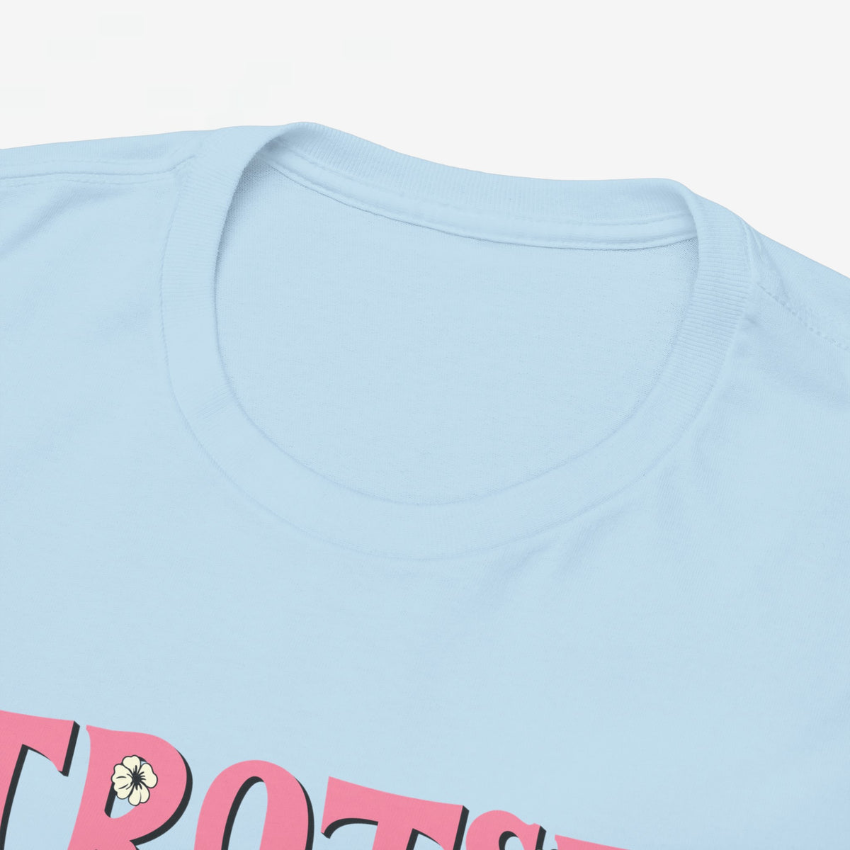 Lichtblauwe T-shirt met ronde hals, close-up van kraag en rand van borstprint.