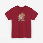 Rood T-shirt met bloemenboeketprint en kleine opdruk onderin