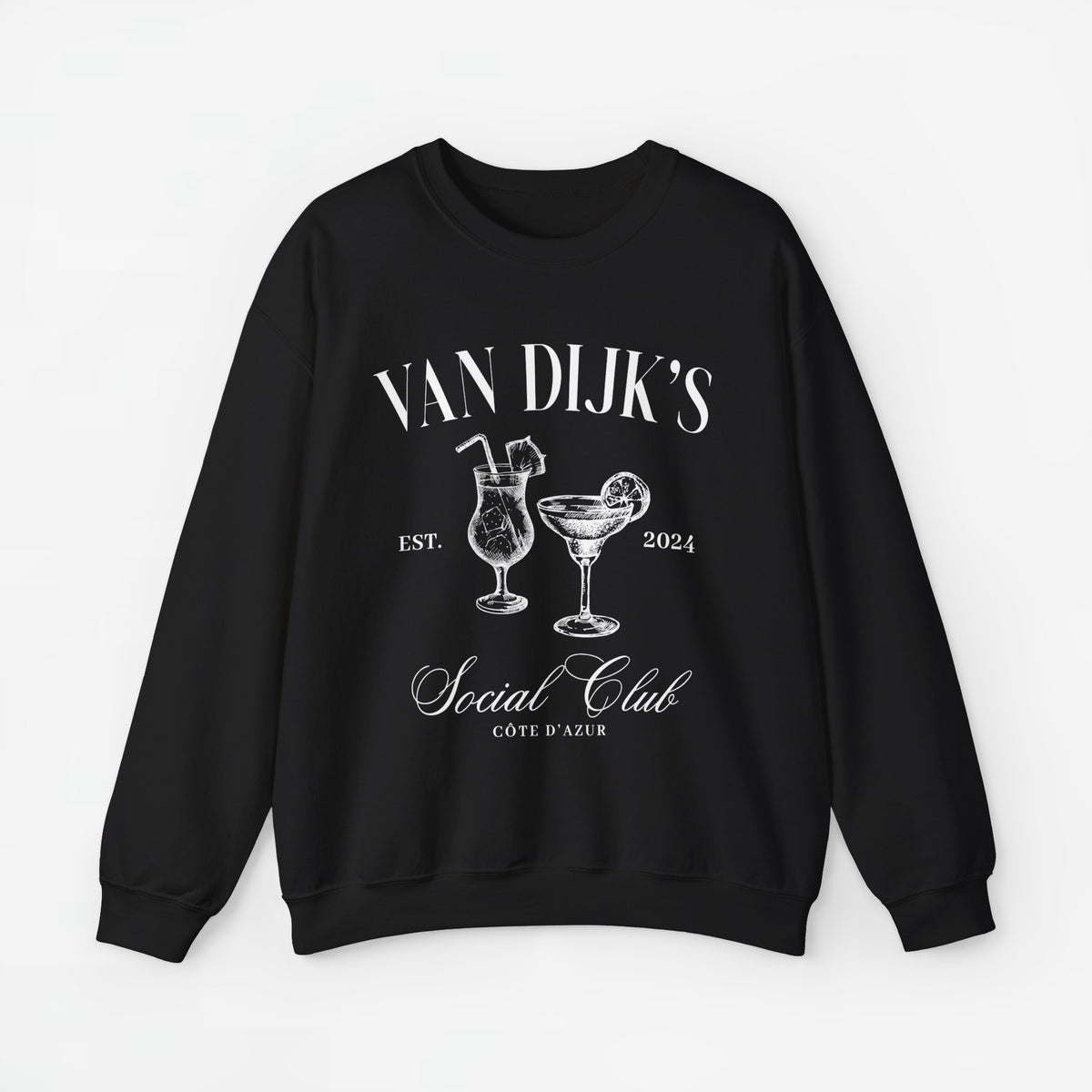 Zwarte sweater met ronde hals en bedrukking met glazen en 'Social Club'.