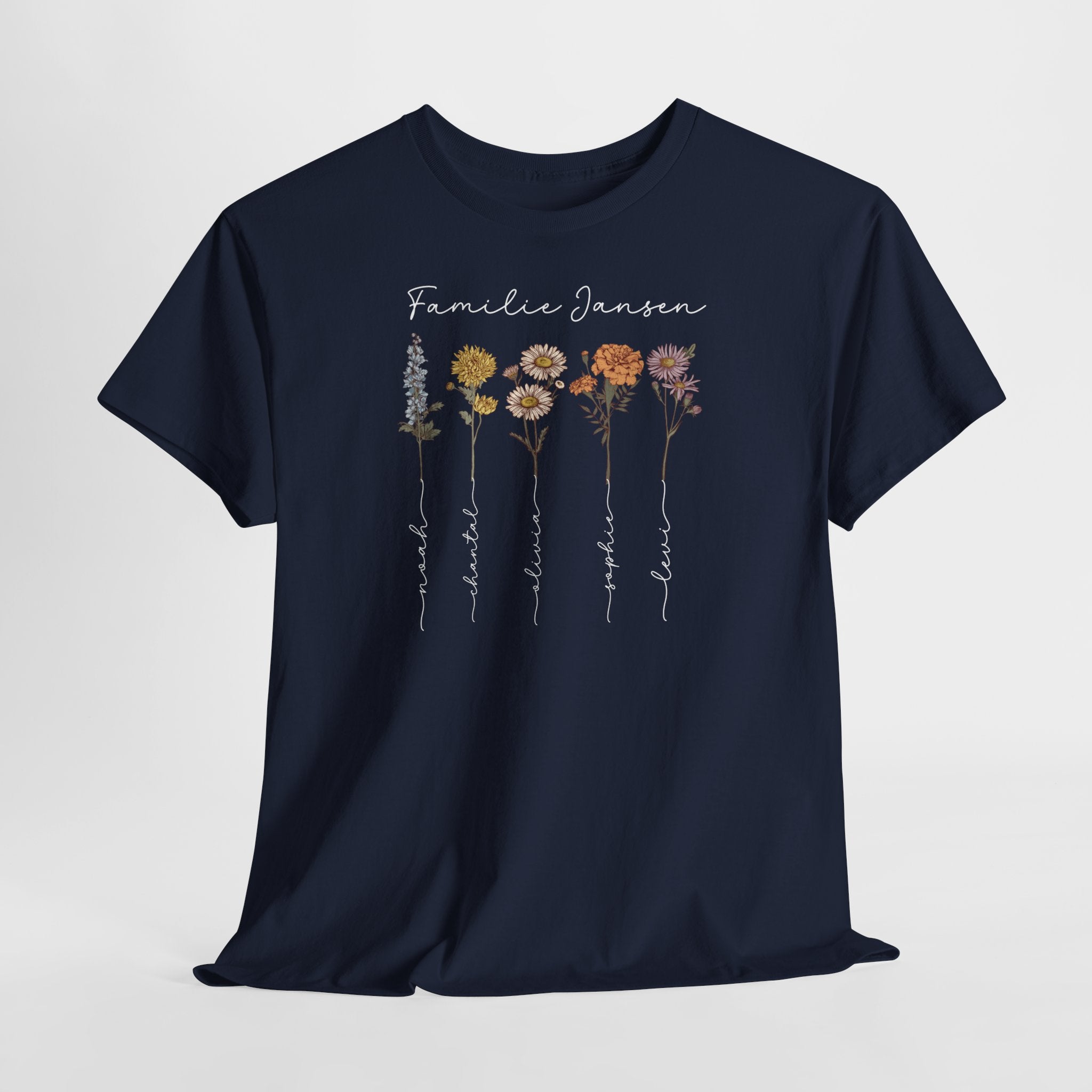 Gepersonaliseerde Moederdag Mama Cadeau - T-shirt - Familienaam met namen en geboortemaand bloemen
