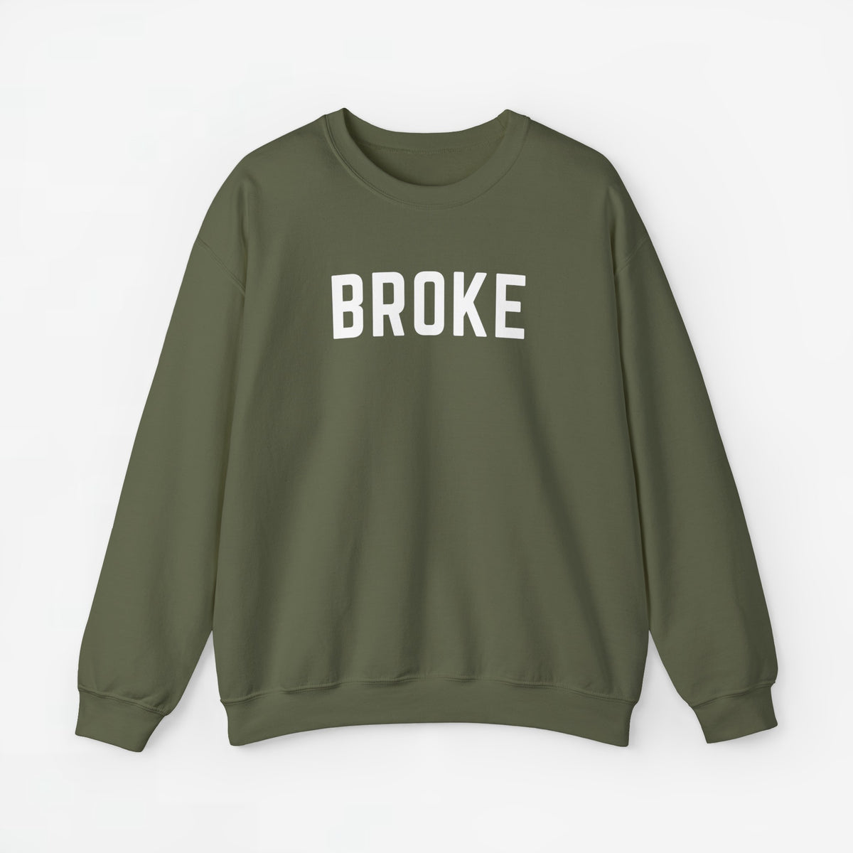 Sweatshirt met lange mouwen in olijfgroen met tekst BROKE op de borst.