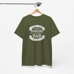 Militairgroene t-shirt met witte borstprint 'Super Powers' en 'Dad'.