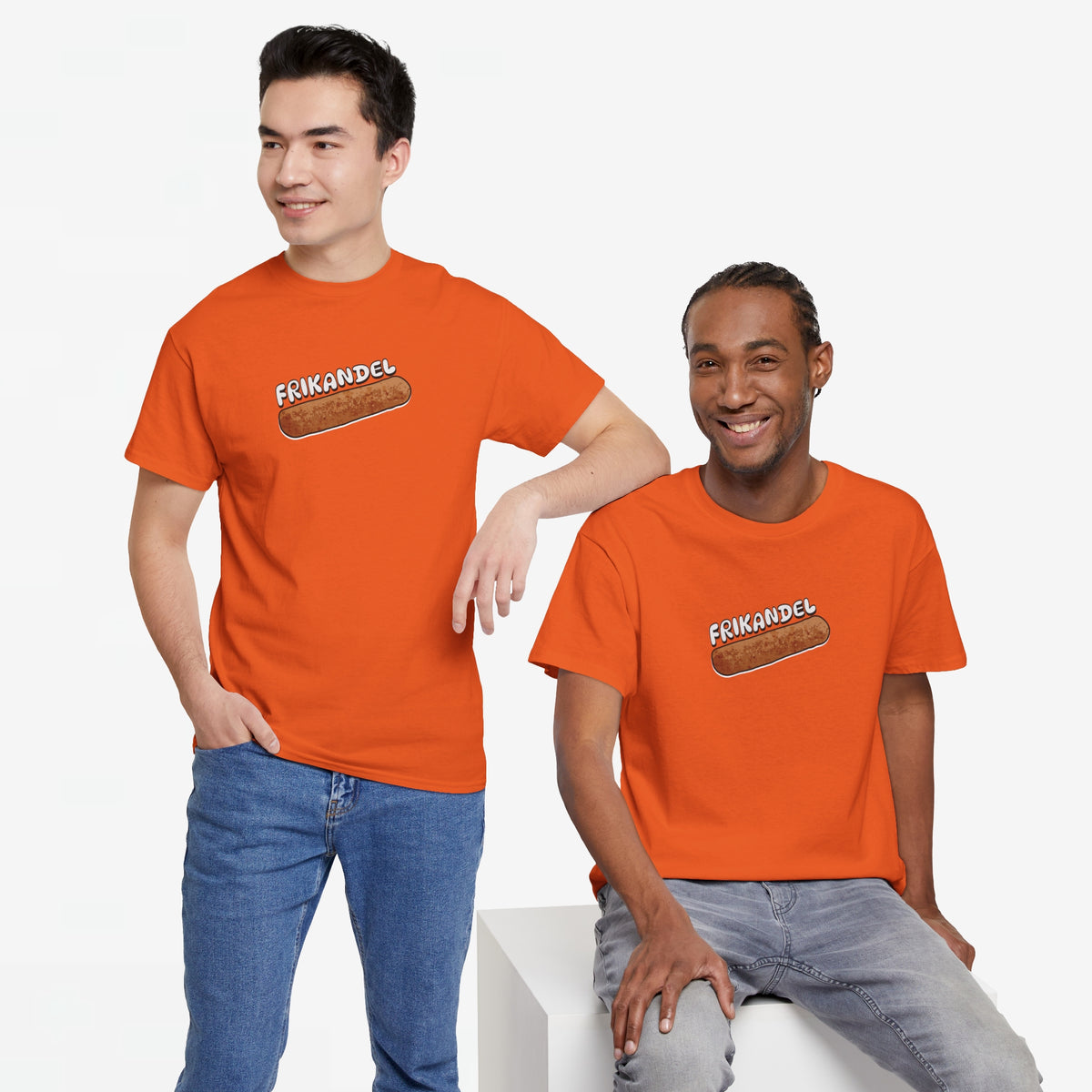 Oranje oversized T-shirt met Frikandel-worstprint op de borst, ronde hals