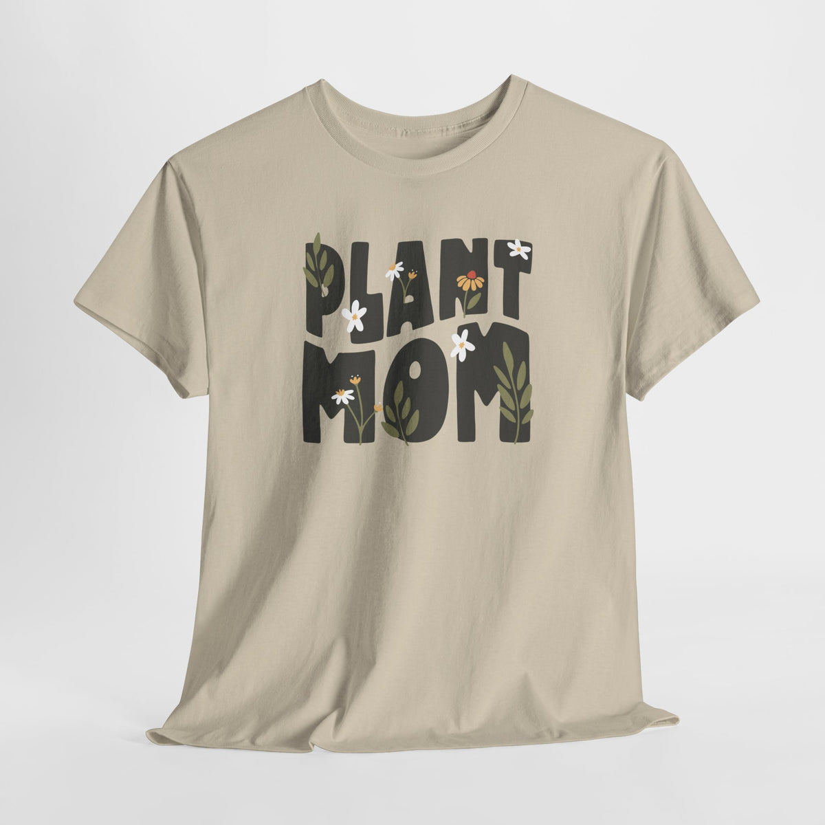 Oversized zandkleurig t-shirt met 'Plant Mom' plantenprint en korte mouwen.