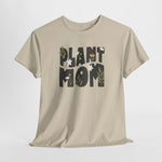 Oversized zandkleurig t-shirt met 'Plant Mom' plantenprint en korte mouwen.