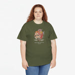 Militairgroene t-shirt met bloemenboeketprint op de borst
