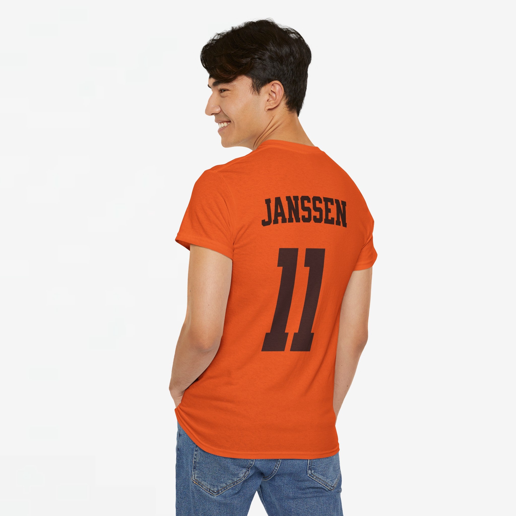 Oranje T-shirt voor EK, WK en Koningsdag - Personaliseer met Naam & Rugnummer - Nederlandse Vlag (zwarte tekst)