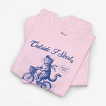 Roze oversized t-shirt met blauwe kat op fiets en tekstprint op de borst