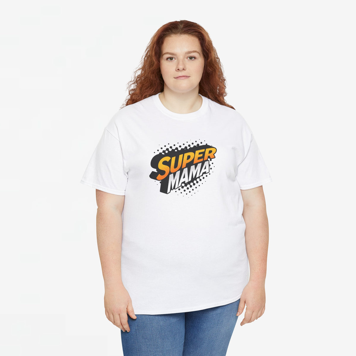 Witte oversized T-shirt met ronde hals en “Super Mama” print op borsthoogte