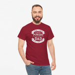 Rood T-shirt met ronde hals en oversized pasvorm, met witte opdruk 'Super Powers' en 'Dad'