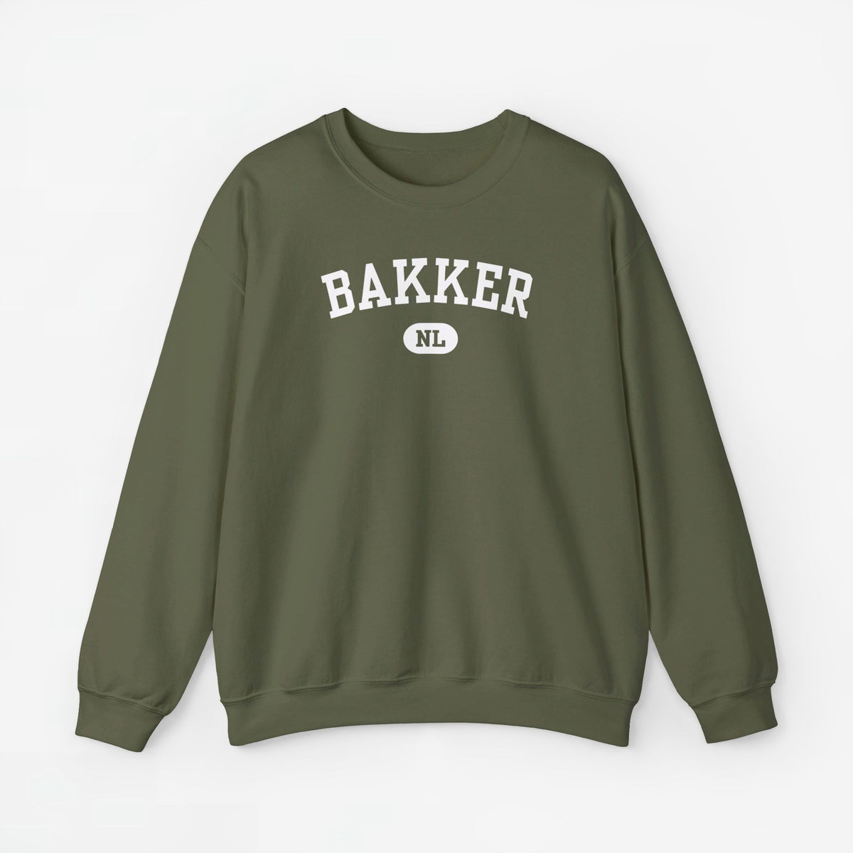 Militairgroene sweater met ronde hals en BAKKER NL print op de borst