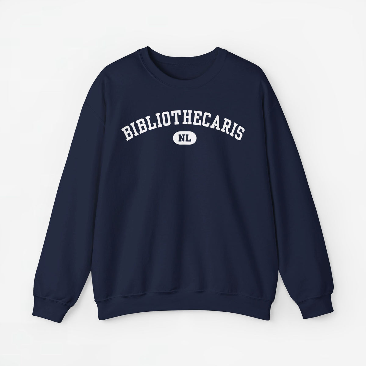 Navyblauwe trui met ronde hals en print 'BIBLIOTHECARIS NL' op de borst