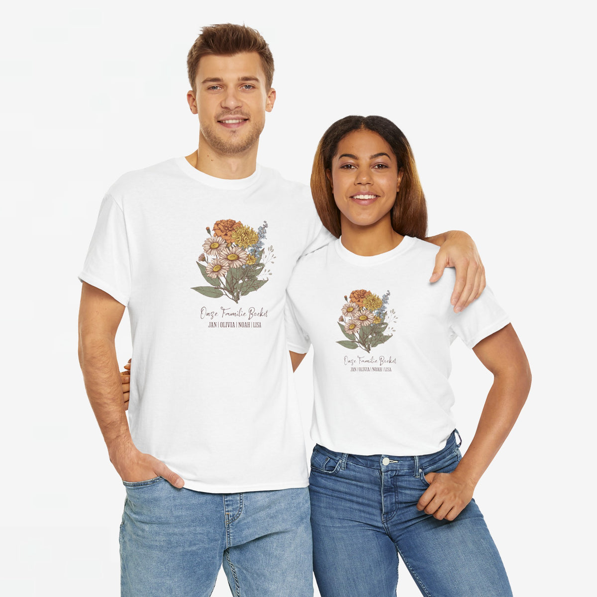Gepersonaliseerd moederdag T-shirt wit met bloemenprint, set voor twee personen