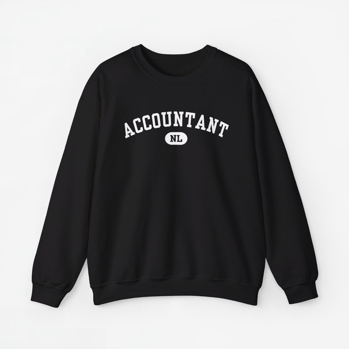 Zwarte trui met opdruk 'ACCOUNTANT' en rond logo 'NL'.