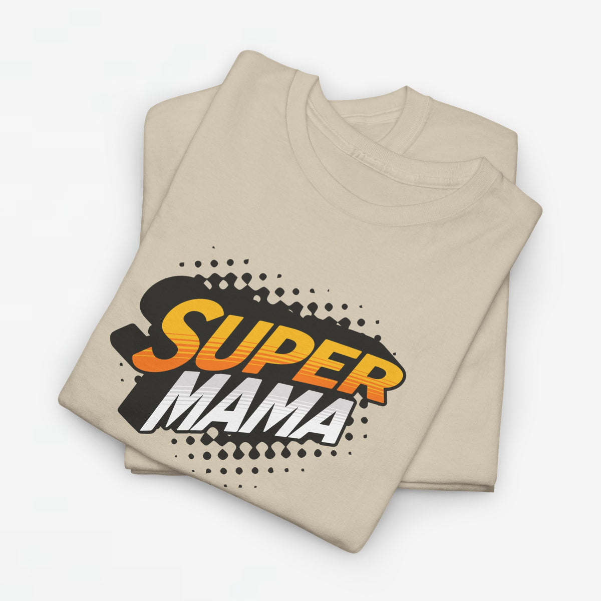 Zandkleurig oversized T-shirt met print "SUPER MAMA" op de borst.