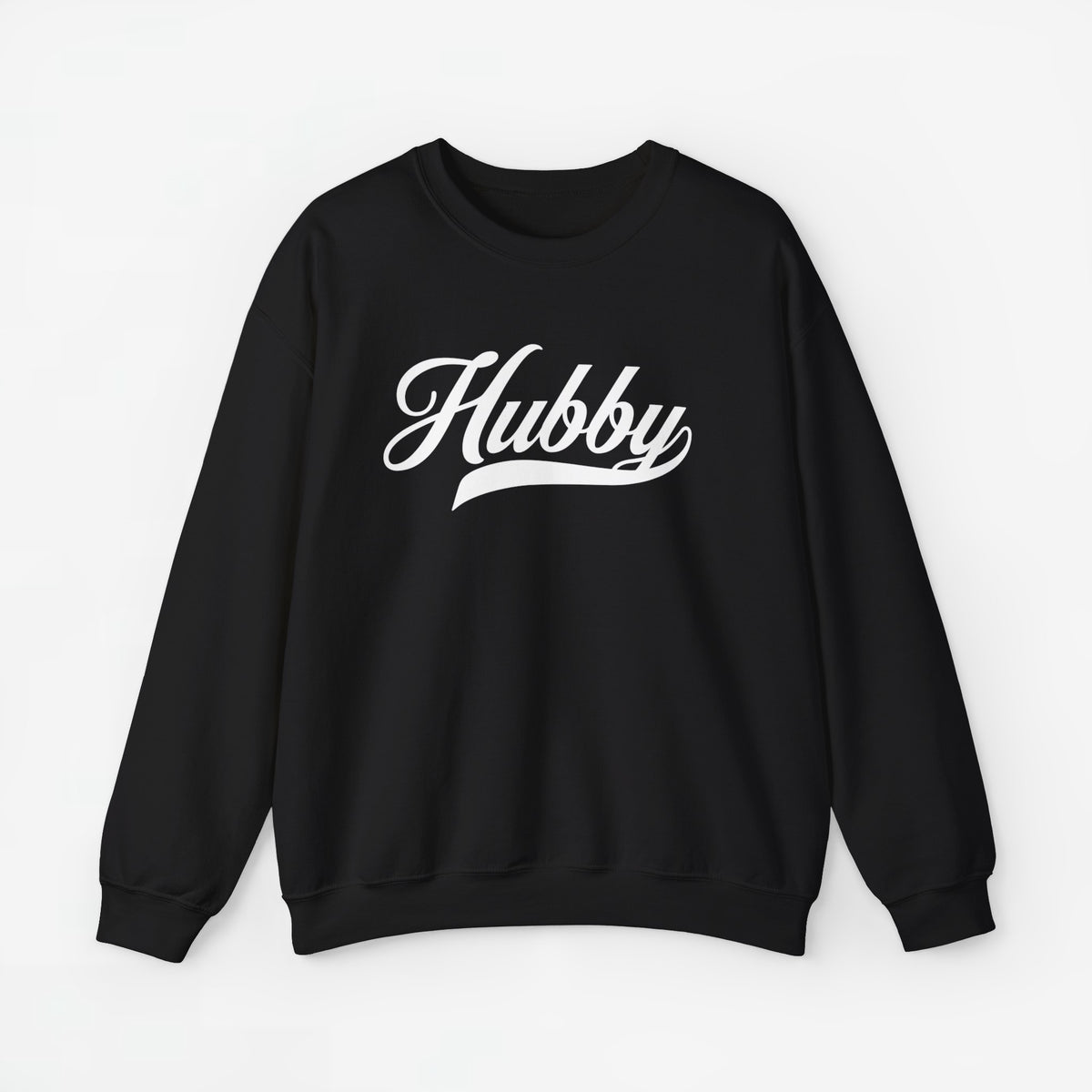 Sweatshirt zwart met opdruk 'Hubby' en lange mouwen, ronde hals.