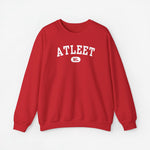Rode sweatertrui met ronde hals en ATLEET-print op de borst.