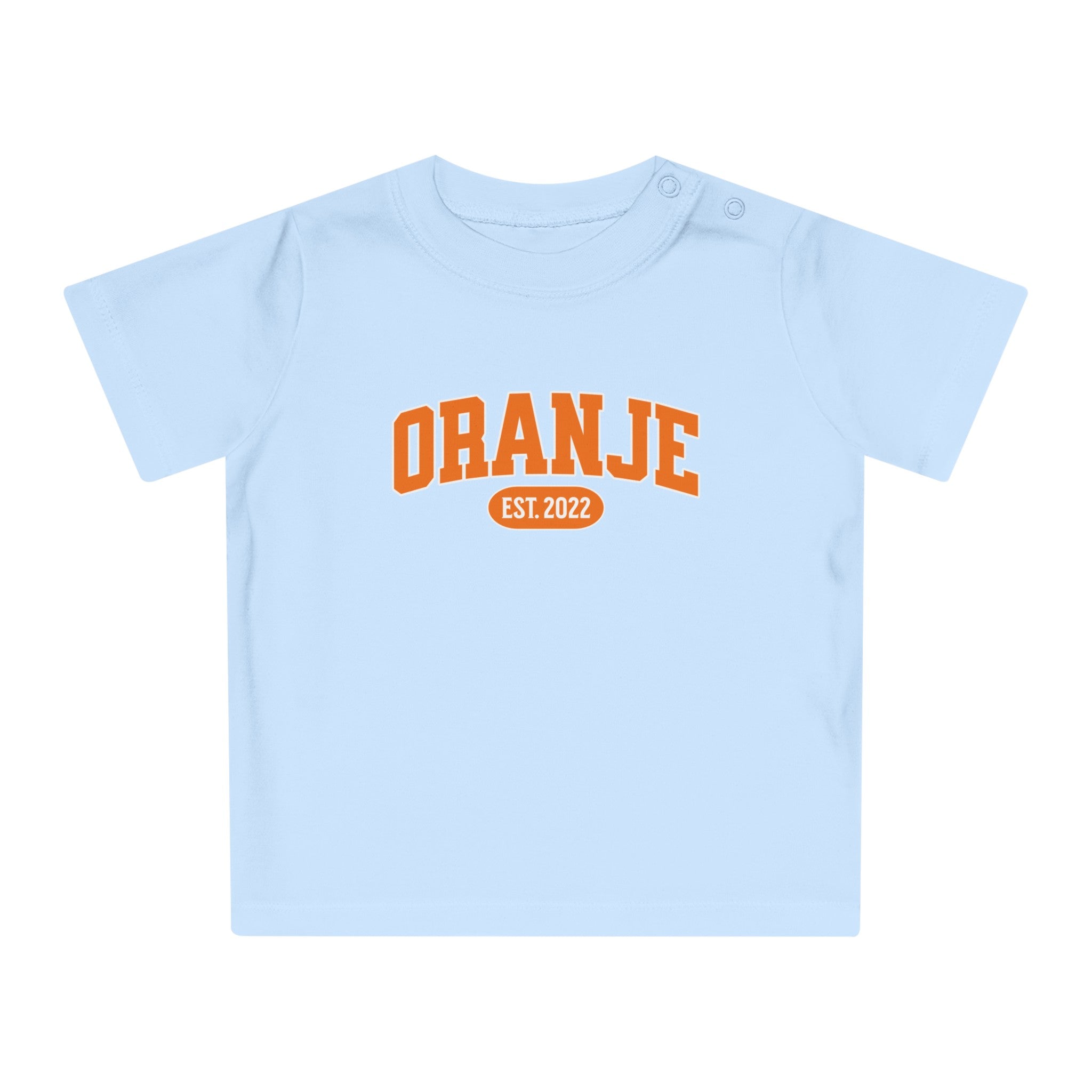 Baby T-shirt voor EK, WK en Koningsdag - Personaliseer met Naam, Jaar & Rugnummer - ORANJE