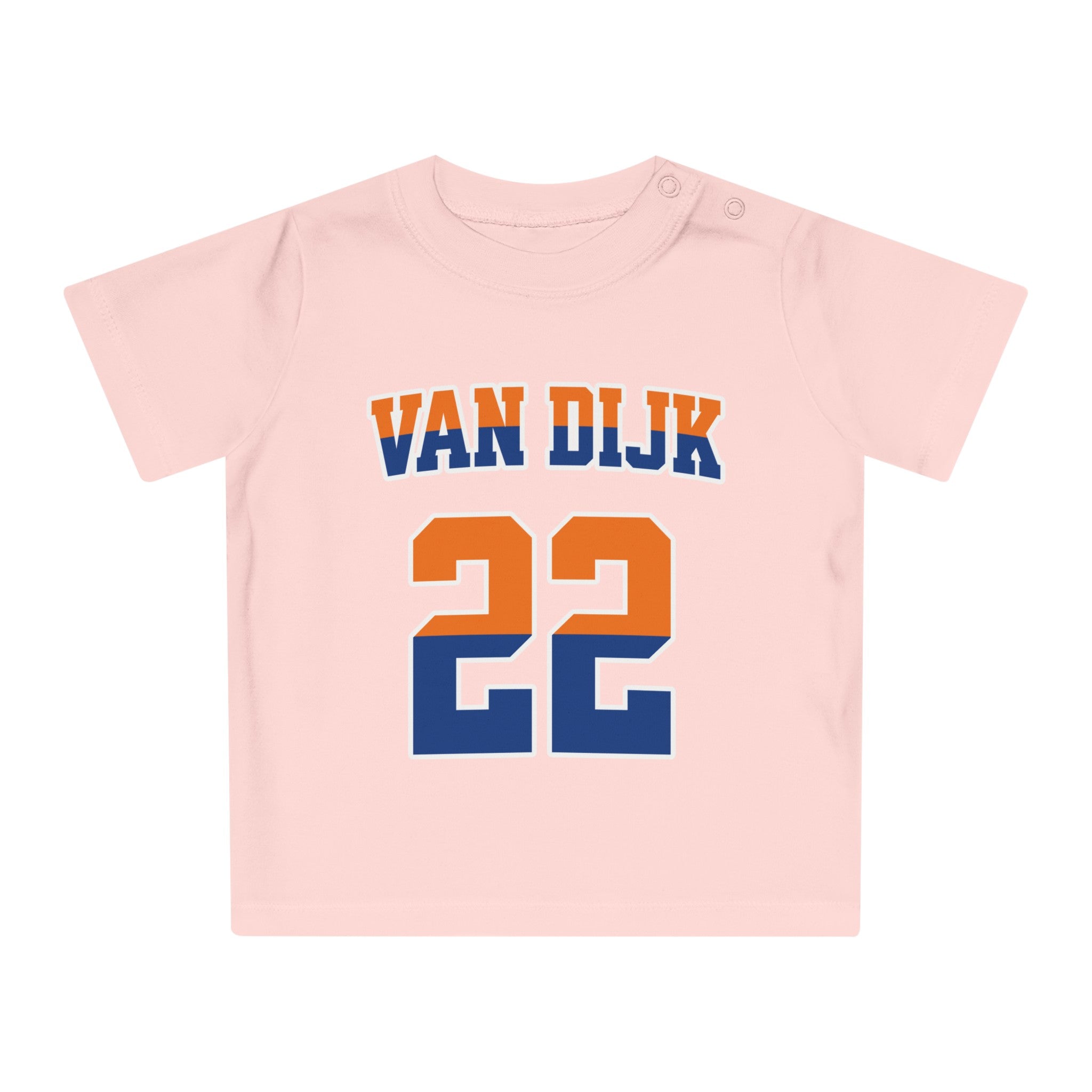 Baby T-shirt voor EK, WK en Koningsdag - Personaliseer met Naam & Rugnummer - oranje en blauwe tekst (Voorkant)