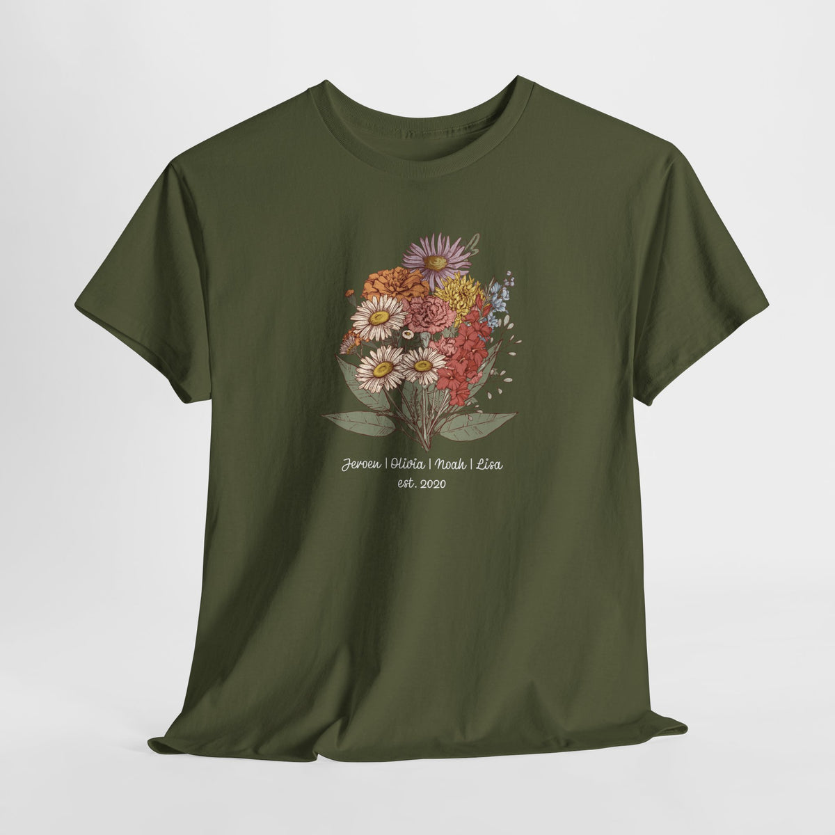 Olijfgroene T-shirt met bloemenboeketprint en kleine tekst onder