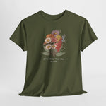 Olijfgroene T-shirt met bloemenboeketprint en kleine tekst onder