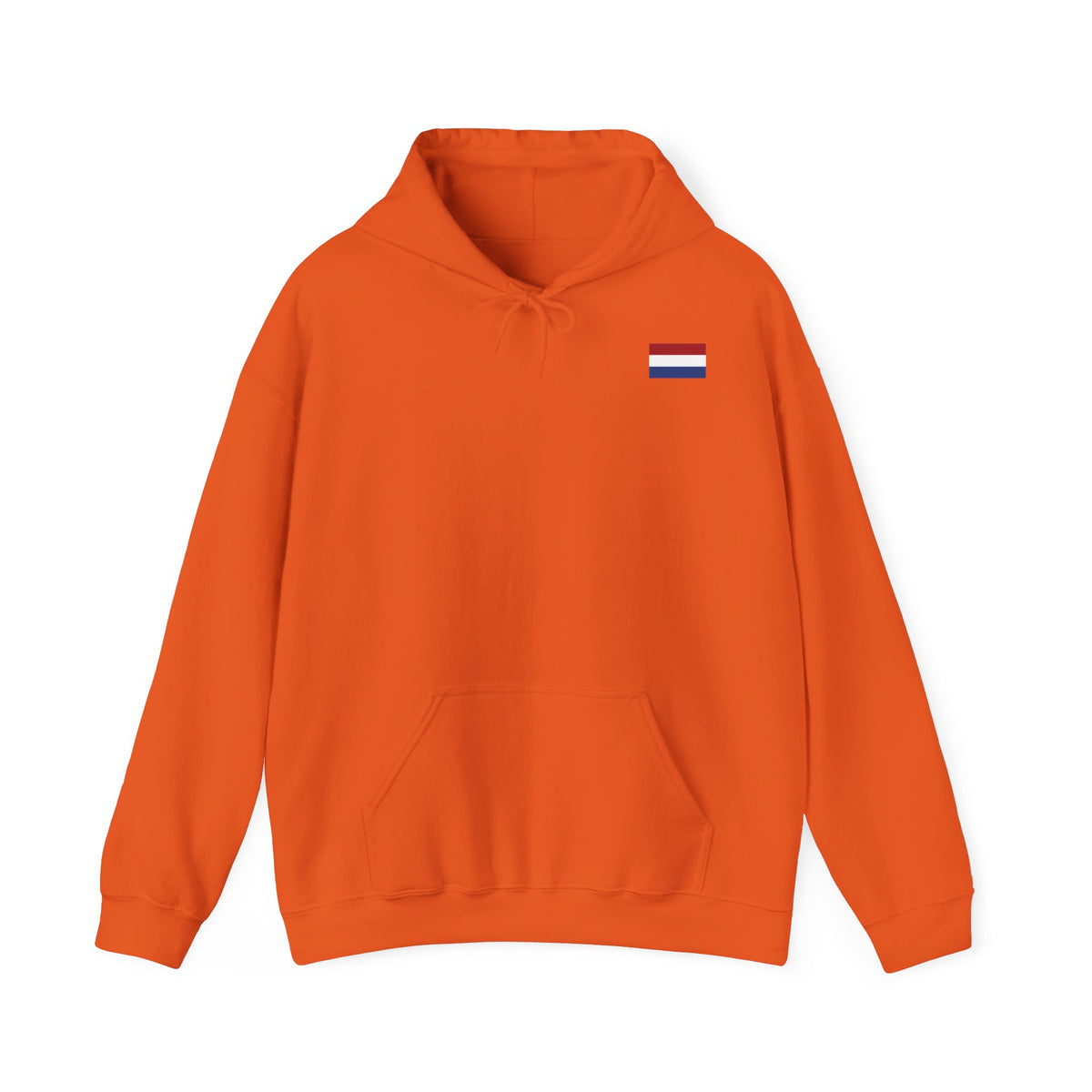 Oranje hoodie met capuchon en koord, klein vlagpatchje op de borst