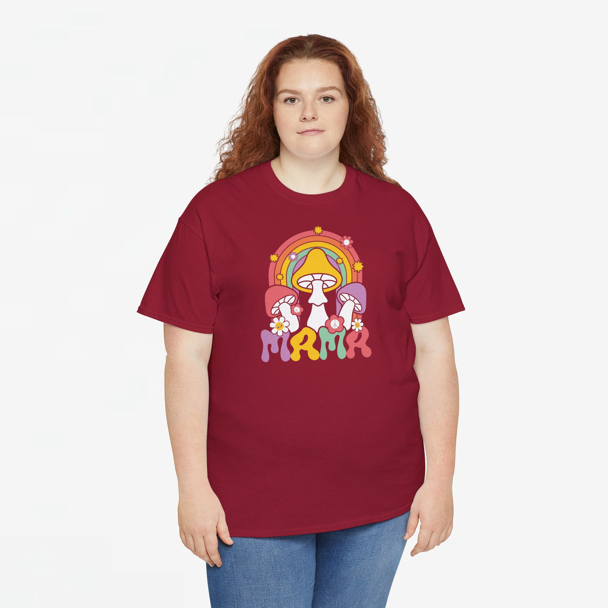 Oversized T-shirt bordeaux met paddenstoelenprint, ruime fit