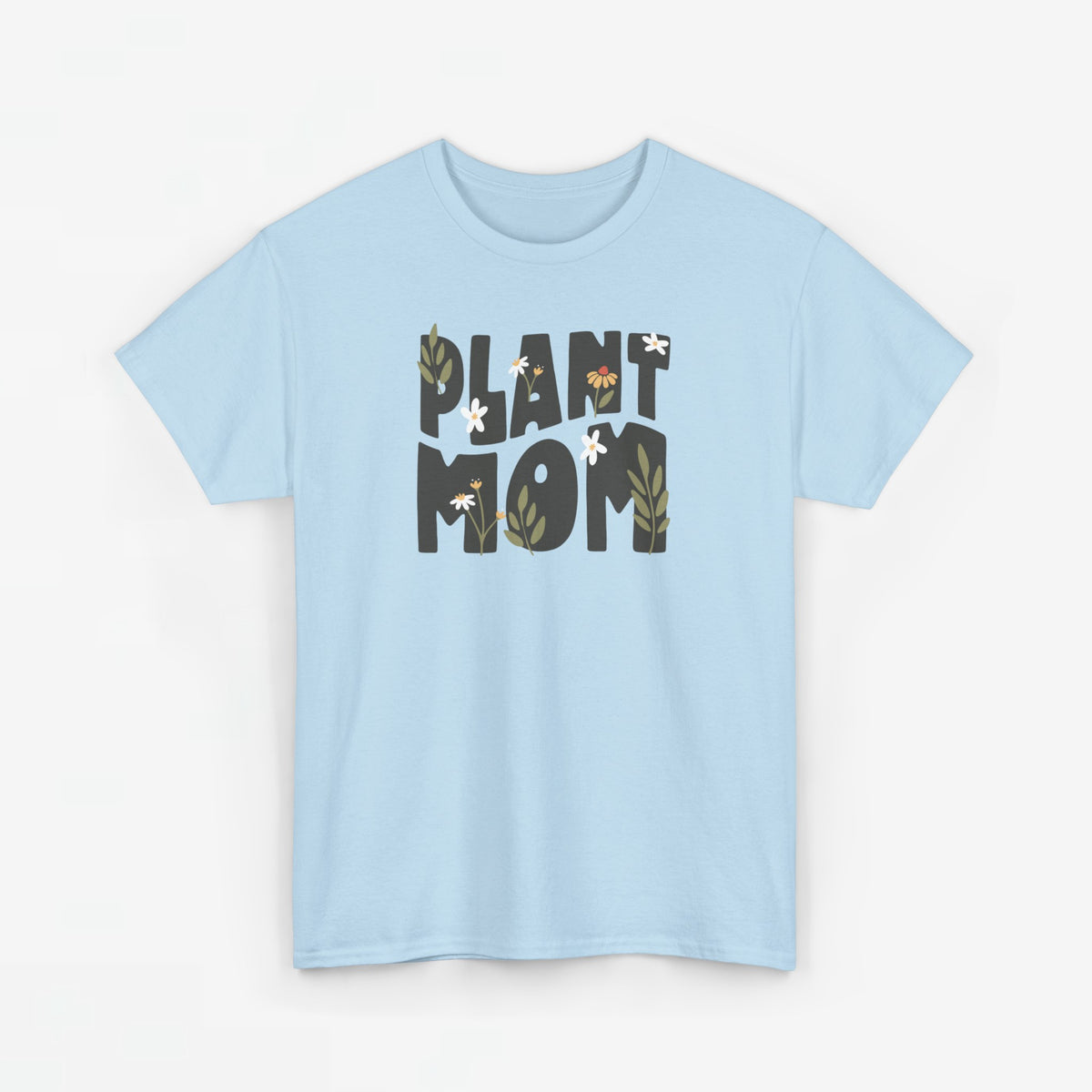 Blauwe t-shirt met ‘PLANT MOM’ plantopdruk op de borst en ronde hals