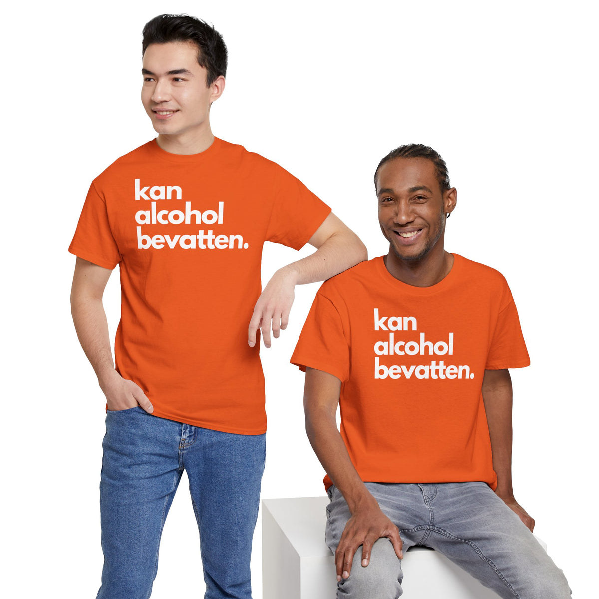 Oranje oversized T-shirt met voorprint 'kan alcohol bevattten.'