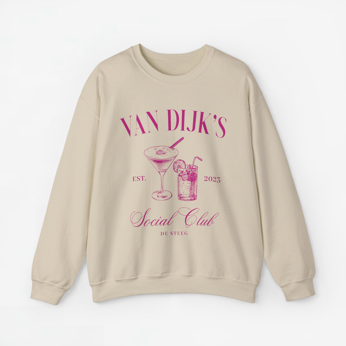 Beige unisex sweater met paarse opdruk 'Social Club' en cocktailglazen