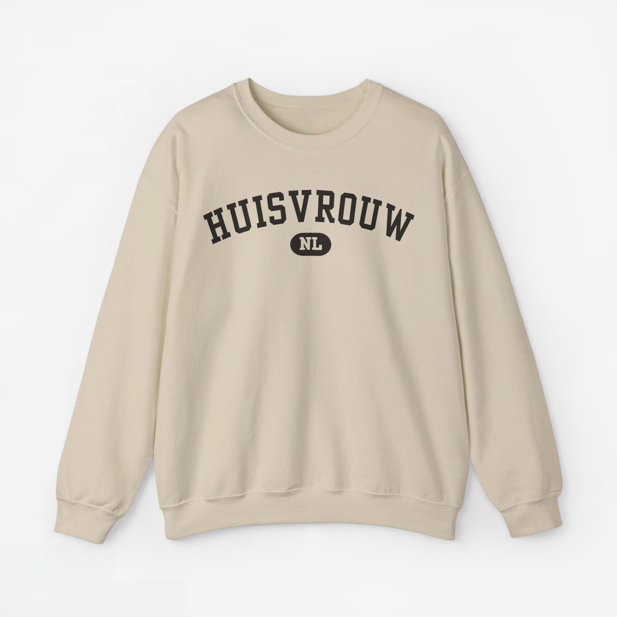Gebreide trui met lange mouwen, beige en 'HUISVROUW NL'-print op de borst