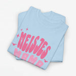 Oversized meisjes-T-shirt lichtblauw met roze bedrukking en opschrift op de borst