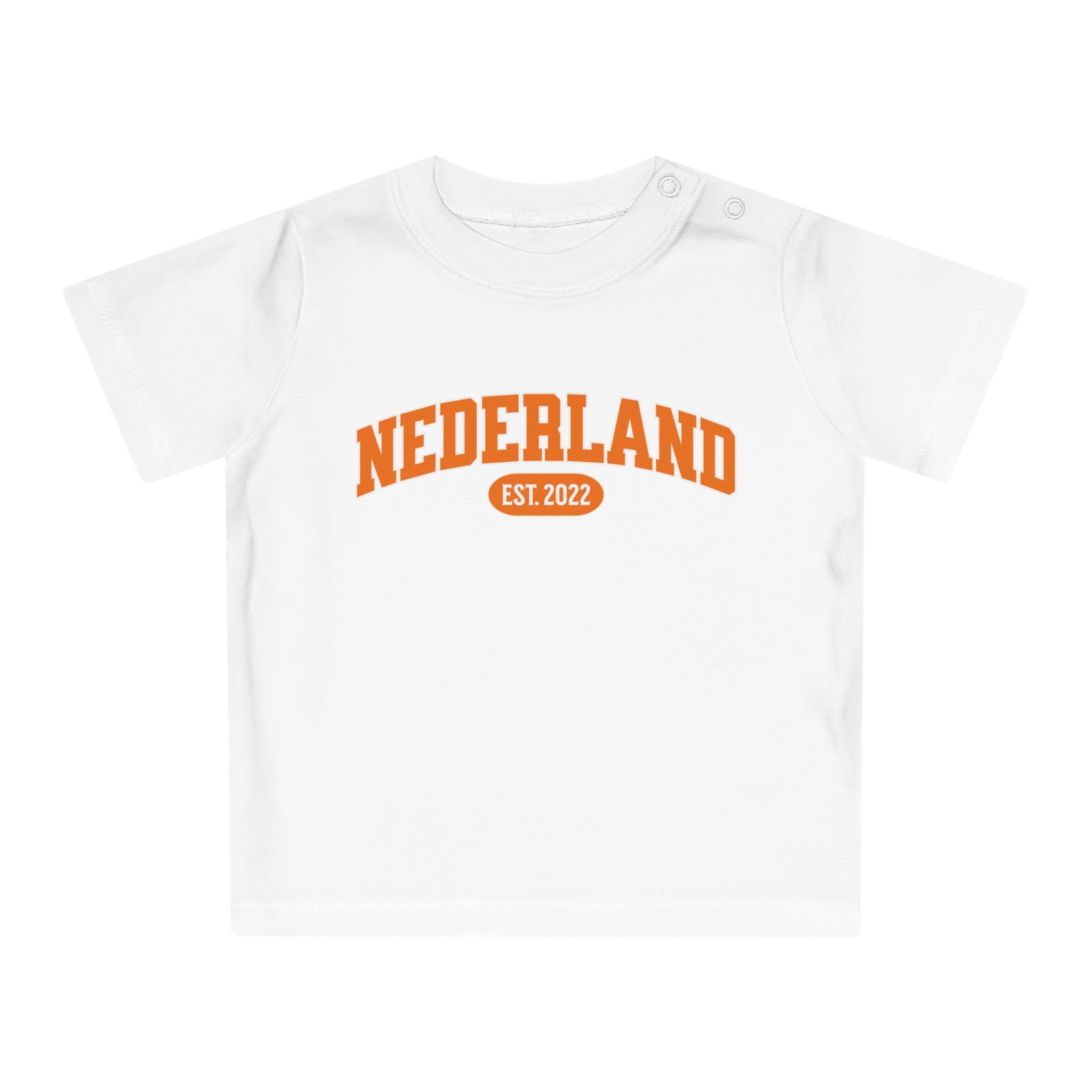 Baby T-shirt voor EK, WK en Koningsdag - Personaliseer met Naam, Jaar & Rugnummer - NEDERLAND