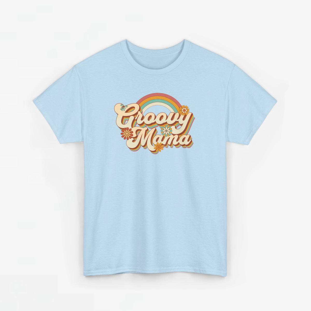 Lichtblauwe T-shirt met ronde hals en 'Groovy Mama' regenboogprint
