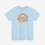 Lichtblauwe T-shirt met ronde hals en 'Groovy Mama' regenboogprint