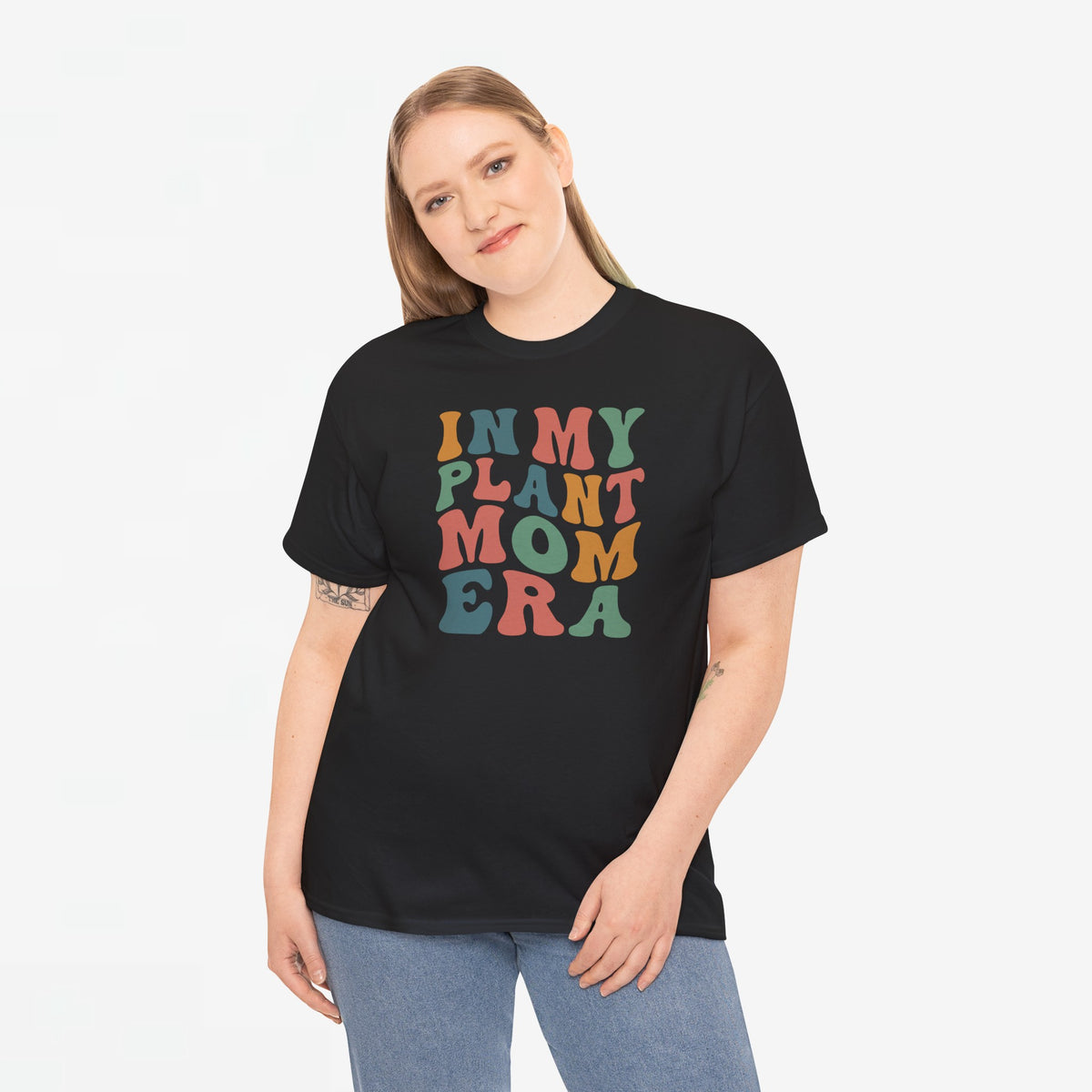 Zwarte oversized T-shirt met ronde hals en grote gekleurde tekstprint op de borst