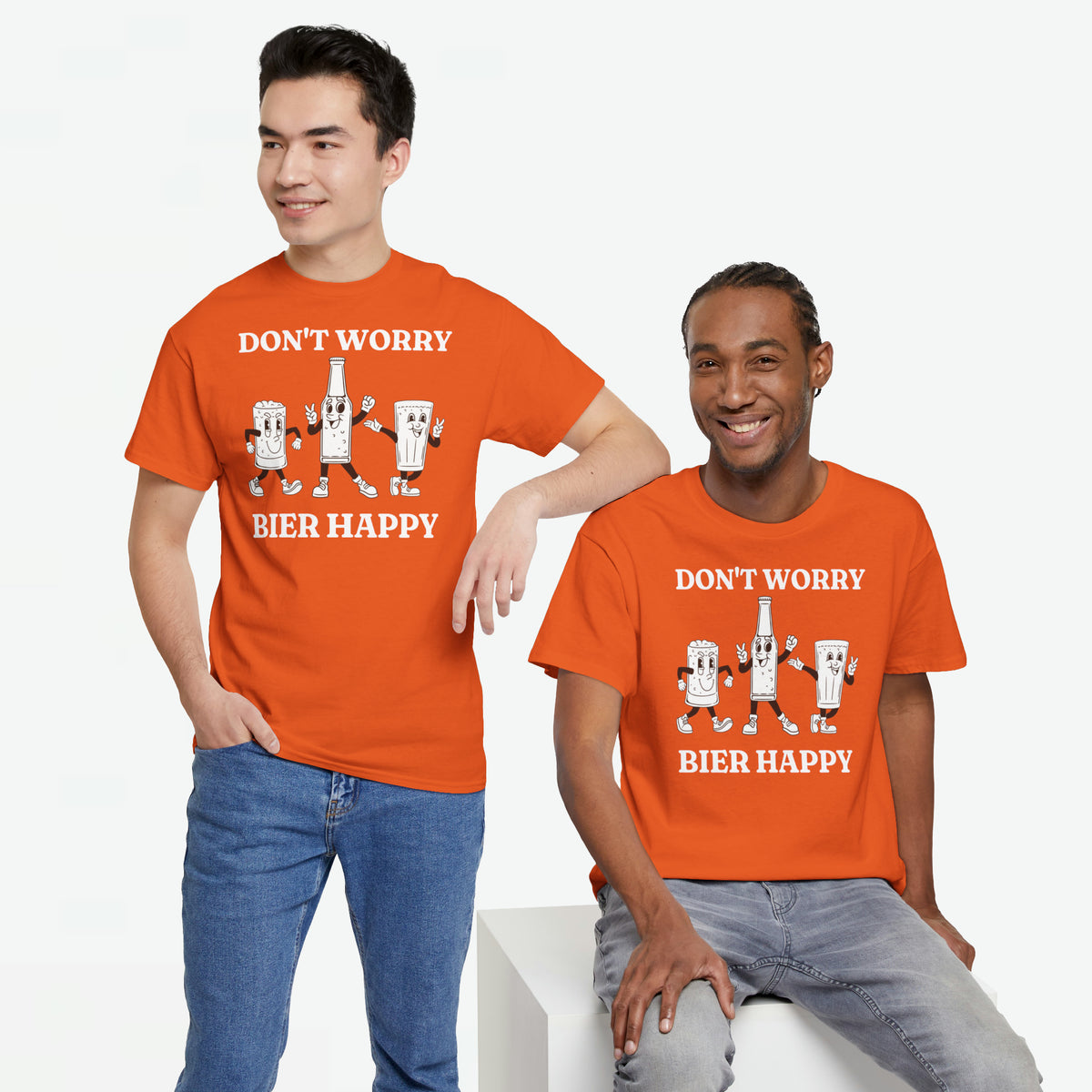 Oversized oranje T-shirt met voorprint “DON’T WORRY” en “BIER HAPPY”