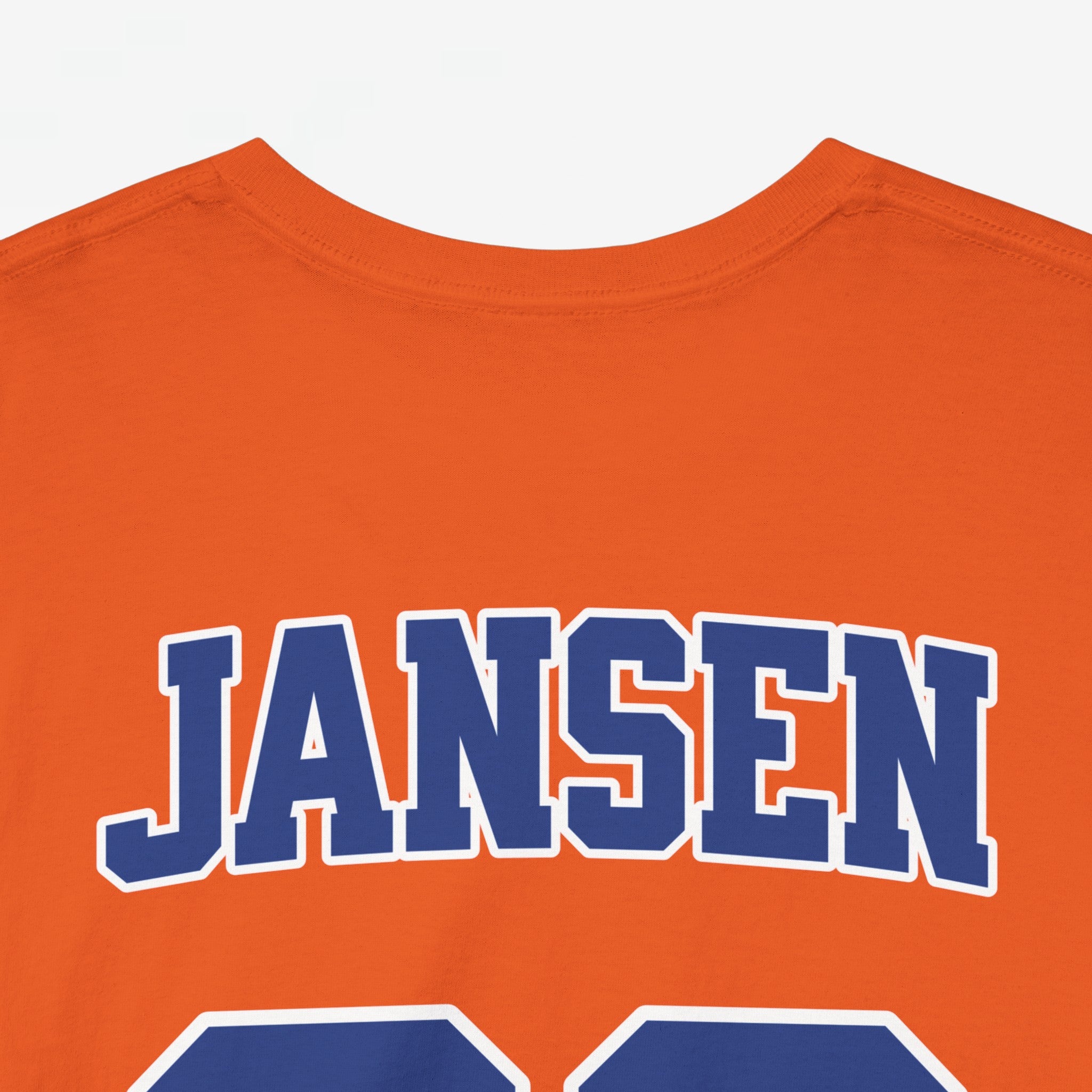 Oranje T-shirt voor EK, WK en Koningsdag - Personaliseer met Naam, Jaar & Rugnummer - NEDERLAND (blauwe tekst)
