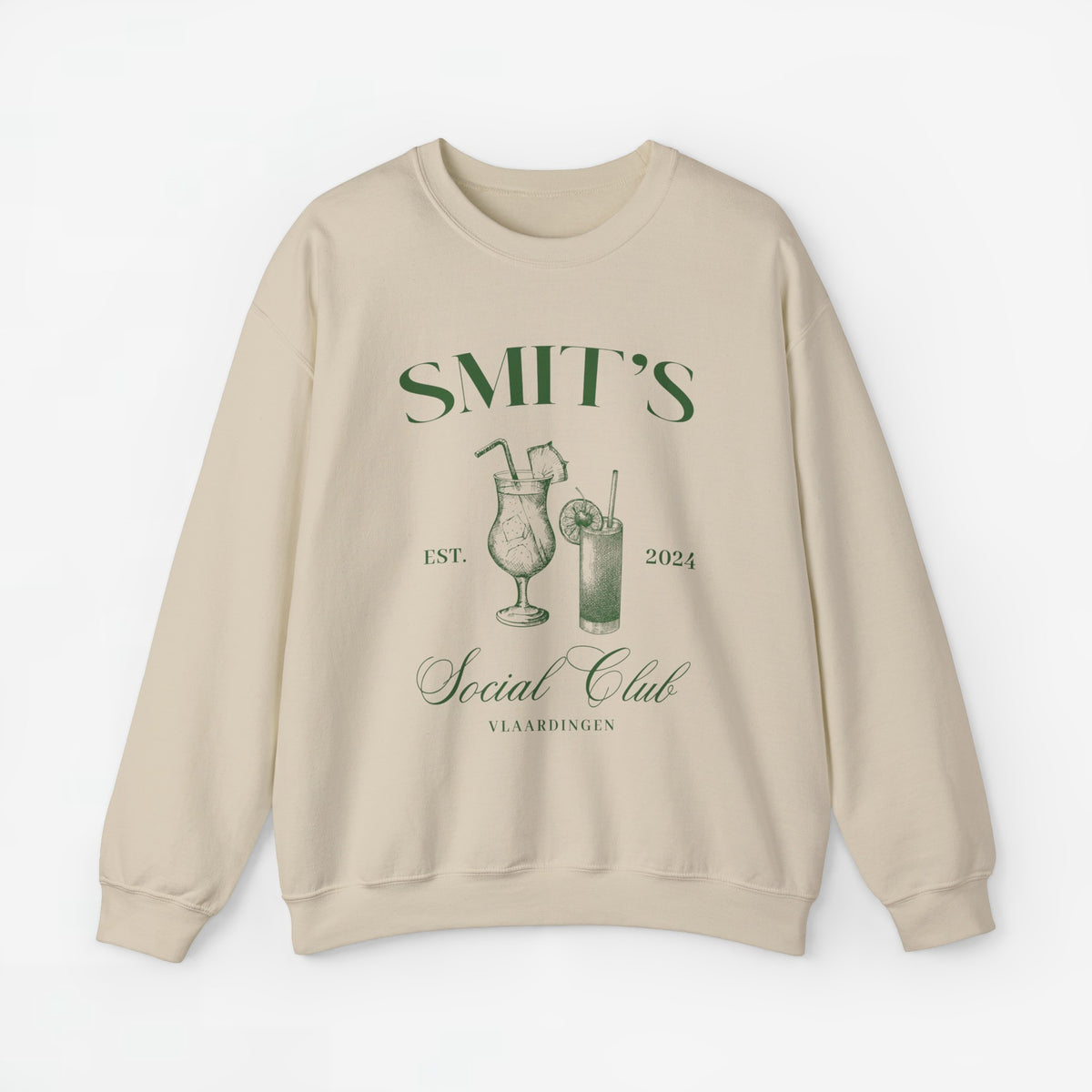 Sandkleurige sweatshirt met borstopdruk 'SMIT'S Social Club' en glazen