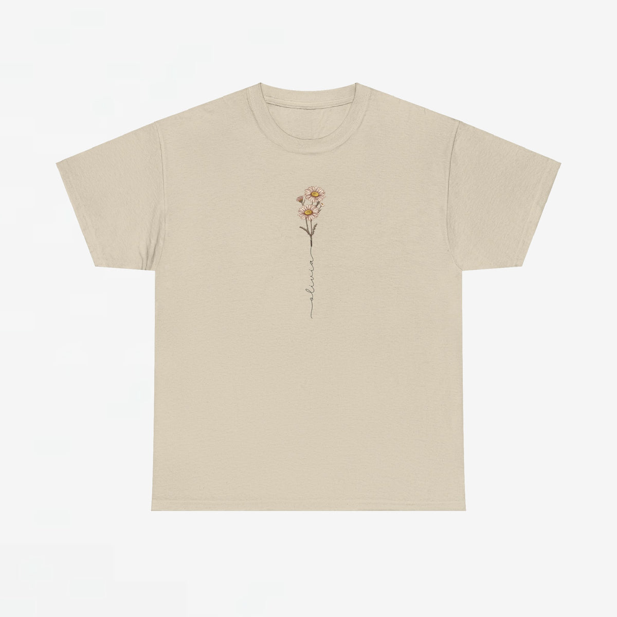 Zandkleurig T-shirt met kleine bloemprint op de borst, ronde hals