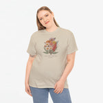 Beige t-shirt met bloemenboeketprint op de borst